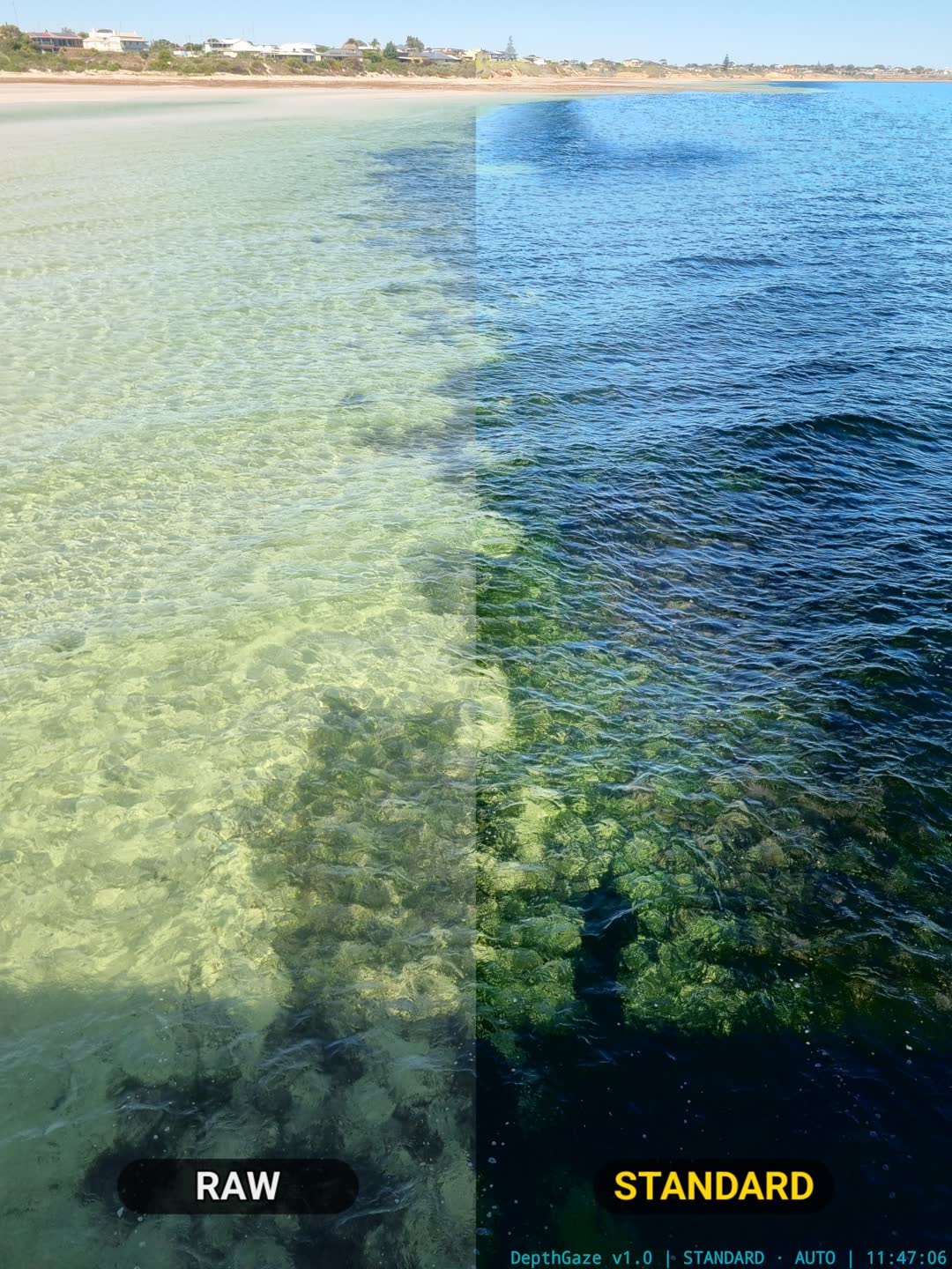 DepthGaze Standard mode — Split View comparison: phone camera left, DepthGaze processing right